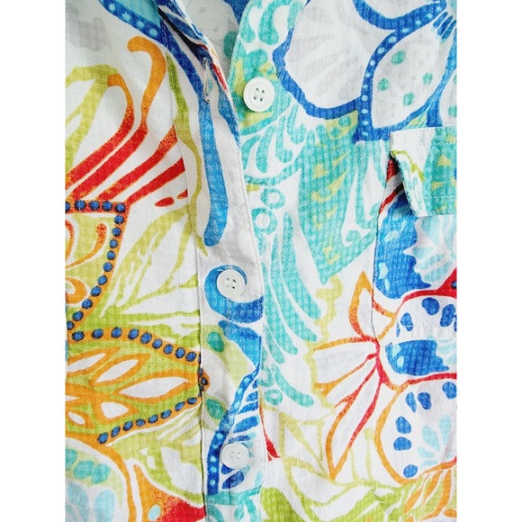 Chico's 2 Linen Blend Floral Bright Colors Shirt  Button Up 3/4 Slv Pockets - Picture 4 of 7